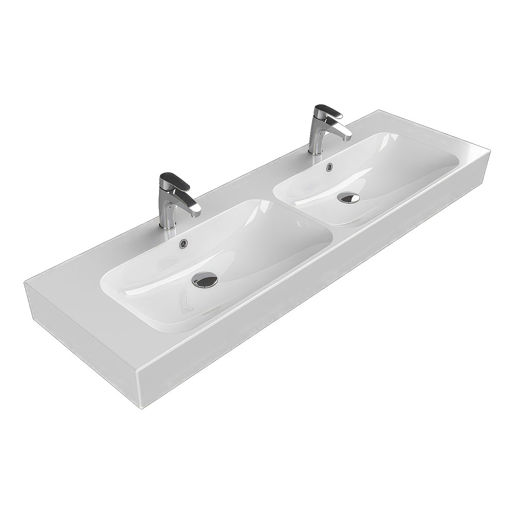Cerastyle 080900-U Pinto Etajerli Lavabo, Çift Hazneli, Çift Batarya Delikli, Beyaz, 150x47 cm.