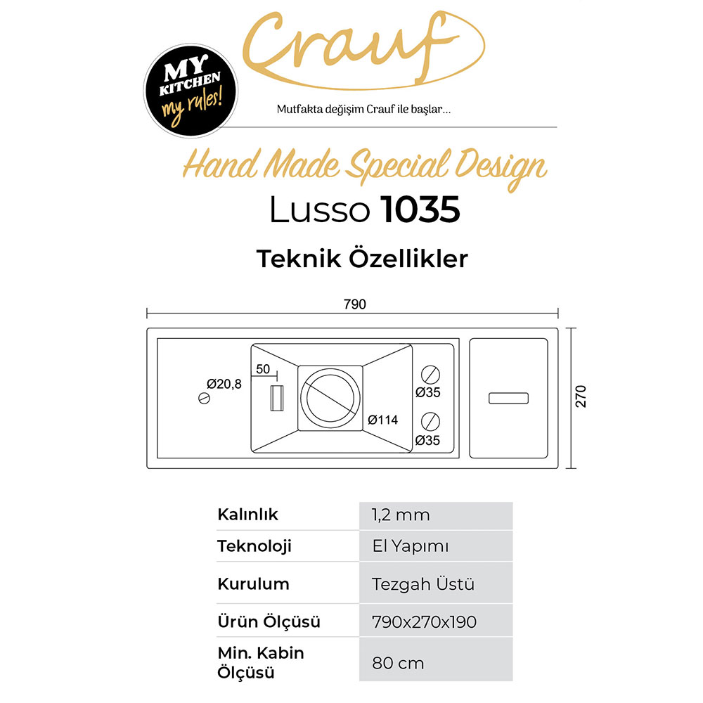 Crauf Lusso 1035 Pvd Altın Tezgah Üstü 270x790mm El Yapımı Slim Barista &amp; Marine Akıllı Eviye