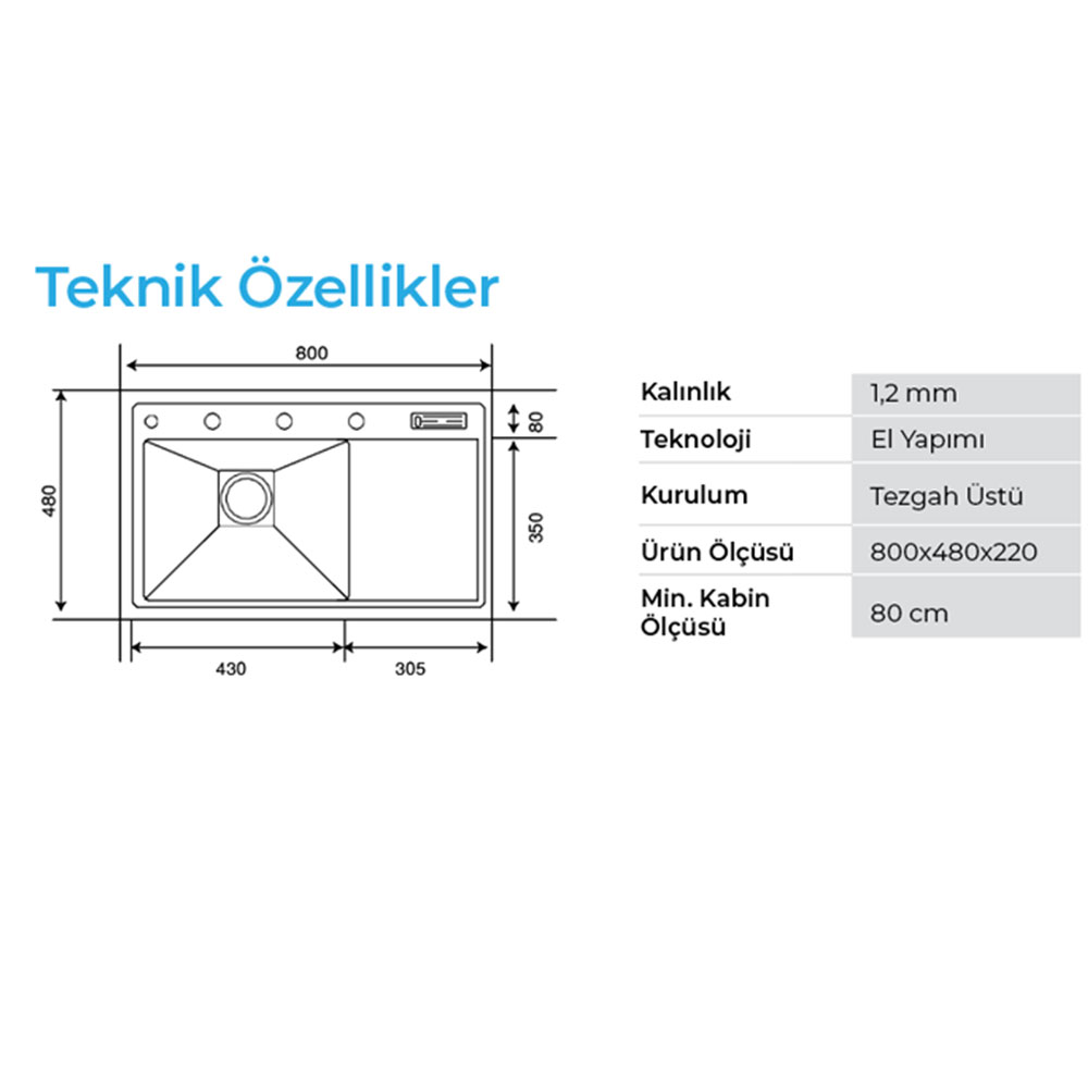 Crauf Lusso 1055 Mat Gri Tezgah Altı-Üstü-Sıfır 480x800mm Tek Gözlü El Yapımı Eviye