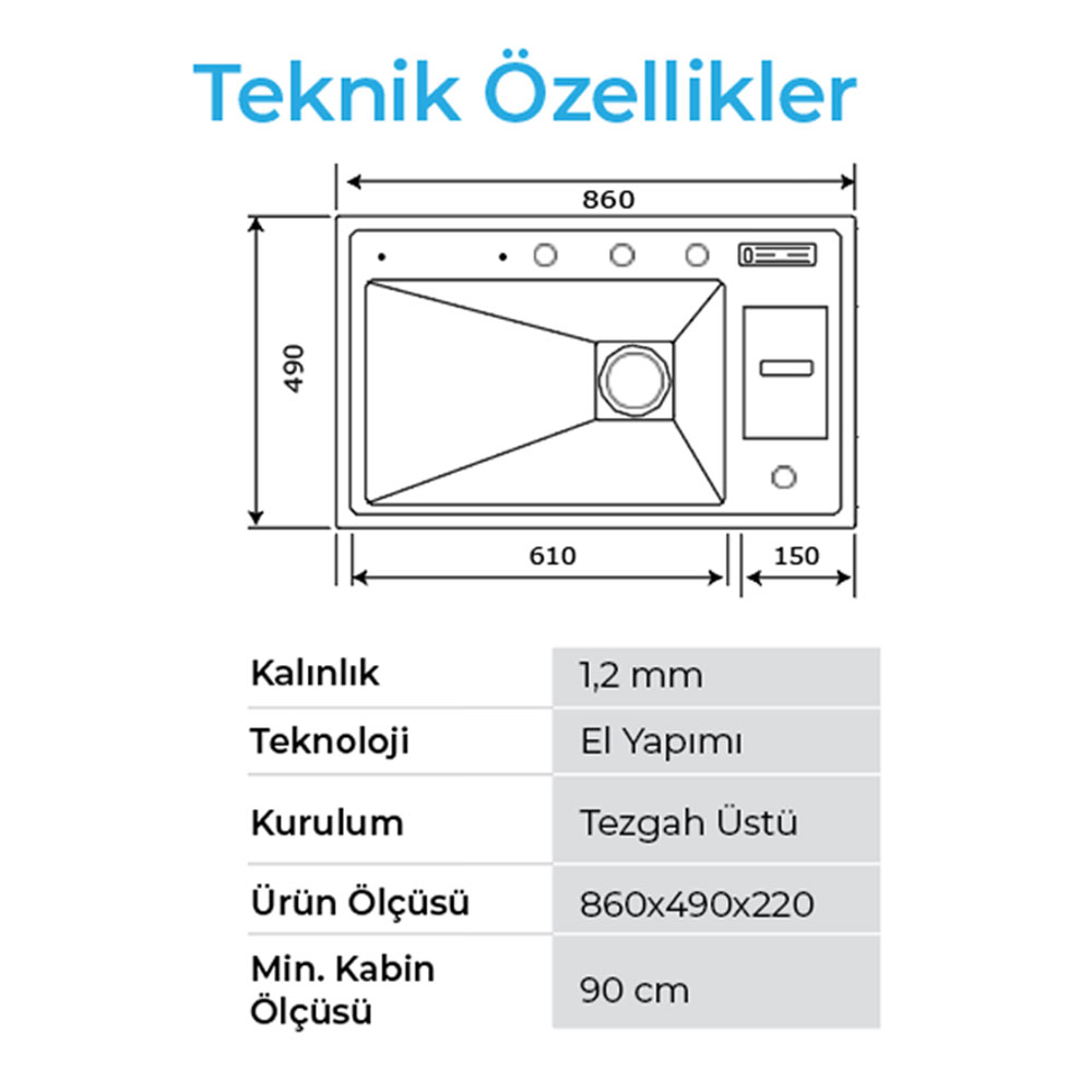 Crauf Lusso 1060 Pvd Füme Tezgah Altı-Üstü-Sıfır 490x860mm Tek Gözlü El Yapımı Çöp Kovalı Bıçaklıklı Akıllı Eviye