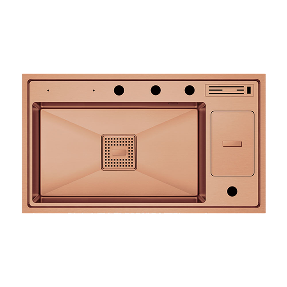 Crauf Lusso 1060 Pvd Bakır Tezgah Altı-Üstü-Sıfır 490x860mm Tek Gözlü El Yapımı Çöp Kovalı Bıçaklıklı Akıllı Eviye