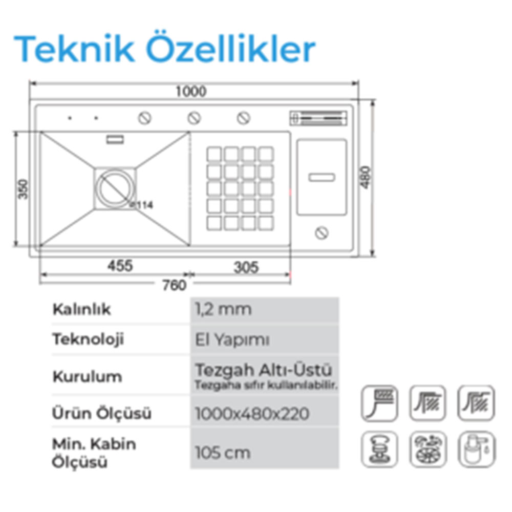 Crauf Lusso 1061 Pvd Altın Tezgah Altı-Üstü-Sıfır 480x1000mm Tek Gözlü El Yapımı Çöp Kovalı Bıçaklıklı  Sağ Damlalıklı Akıllı Eviye