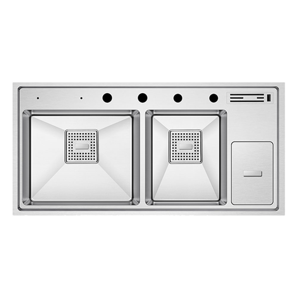 Crauf Lusso 1065 Inox Tezgah Altı-Üstü-Sıfır 490x1000mm Çift Gözlü El Yapımı Çöp Kovalı Bıçaklıklı Eviye