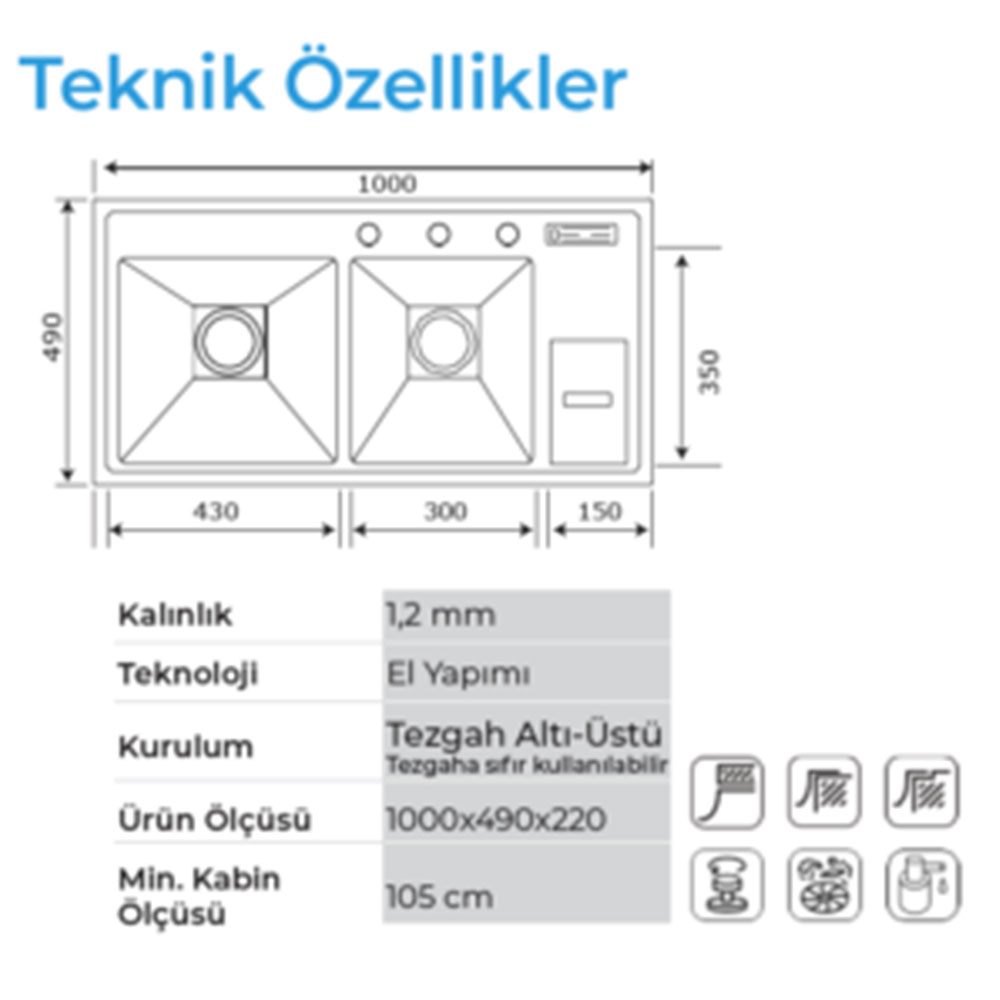 Crauf Lusso 1065 Inox Tezgah Altı-Üstü-Sıfır 490x1000mm Çift Gözlü El Yapımı Çöp Kovalı Bıçaklıklı Eviye