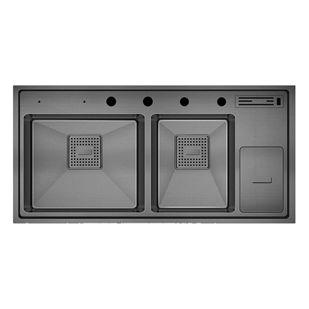 Crauf Lusso 1065 Pvd Füme Tezgah Altı-Üstü-Sıfır 490x1000mm Çift Gözlü El Yapımı Çöp Kovalı Bıçaklıklı Eviye