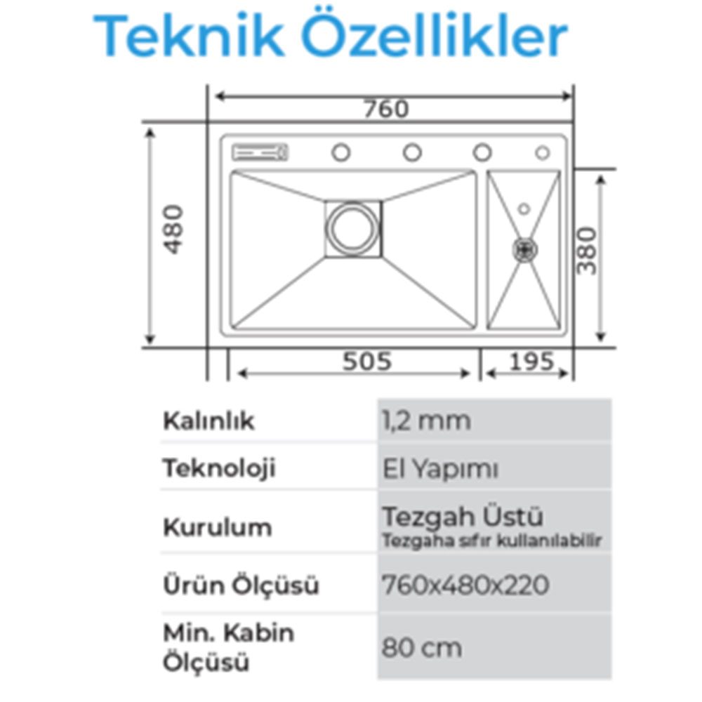 Crauf Lusso 1070 Inox Tezgah Üstü-Sıfır 480x760mm Tek Gözlü El Yapımı Bardak Yıkama Gizli Bıçaklıklı Eviye