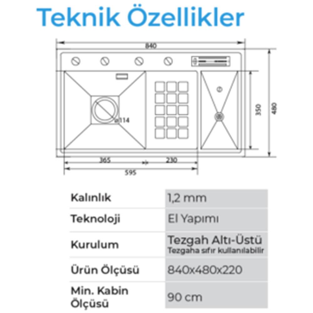 Crauf Lusso 1071 Mat Gri Tezgah Altı-Üstü-Sıfır 480x840mm Tek Gözlü El Yapımı Basınçlı Bardak Yıkama Akıllı Eviye