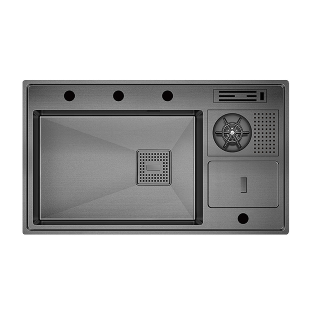 Crauf Lusso 1072 Pvd Füme Tezgah Altı-Üstü-Sıfır 500x860mm Tek Gözlü El Yapımı Çöp Kovalı Bardak Yıkamalı Akıllı Eviye