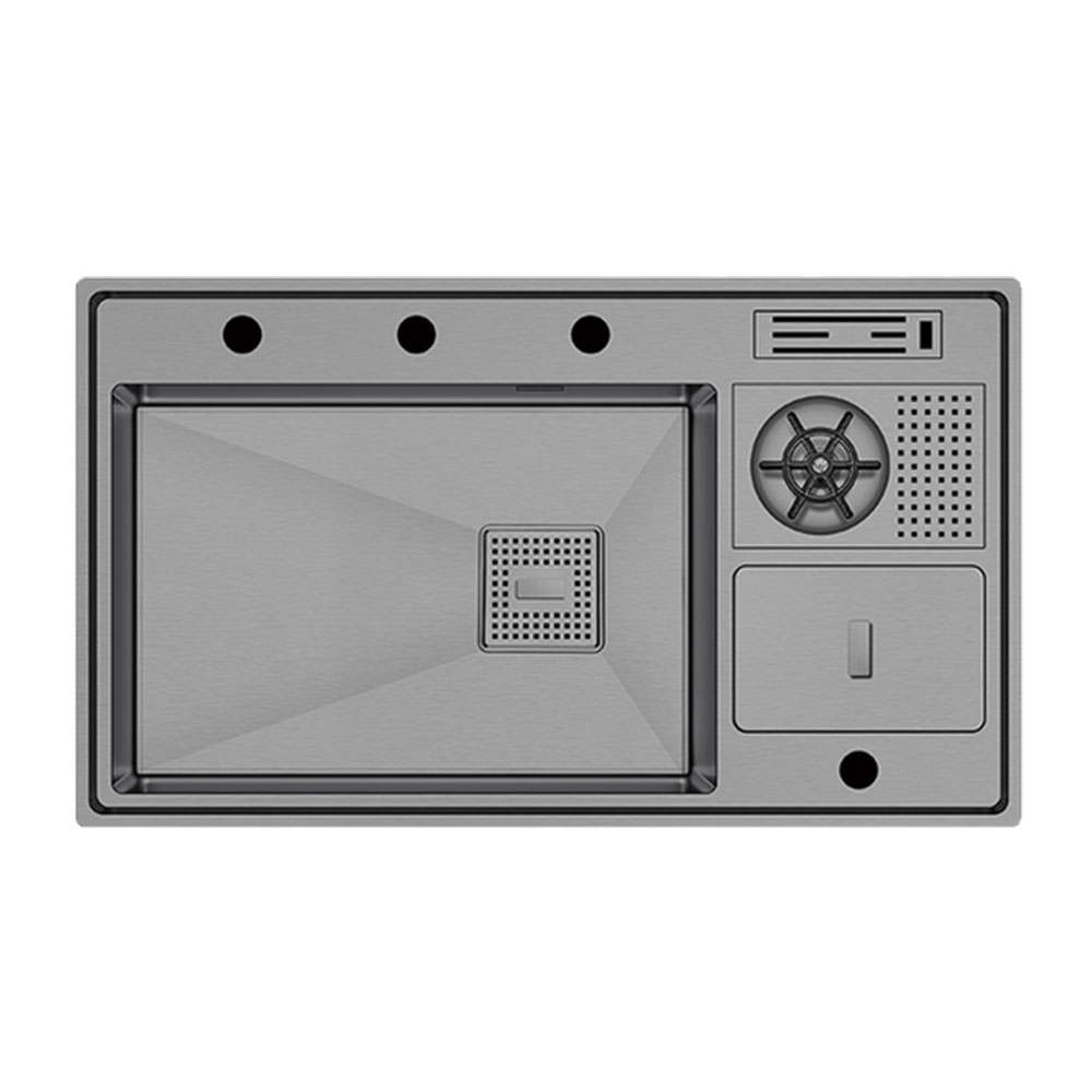 Crauf Lusso 1072 Mat Gri Tezgah Altı-Üstü-Sıfır 500x860mm Tek Gözlü El Yapımı Çöp Kovalı Bardak Yıkamalı Akıllı Eviye
