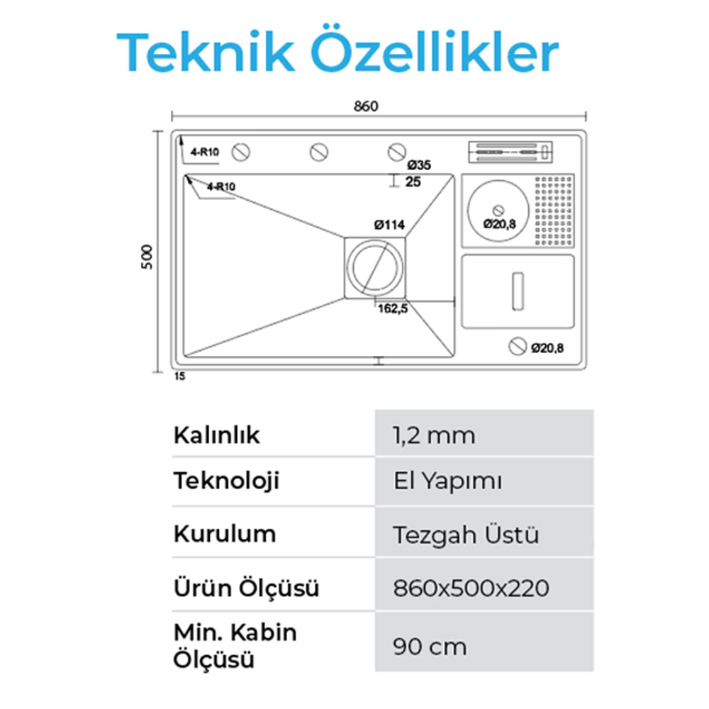 Crauf Lusso 1072 Mat Gri Tezgah Altı-Üstü-Sıfır 500x860mm Tek Gözlü El Yapımı Çöp Kovalı Bardak Yıkamalı Akıllı Eviye