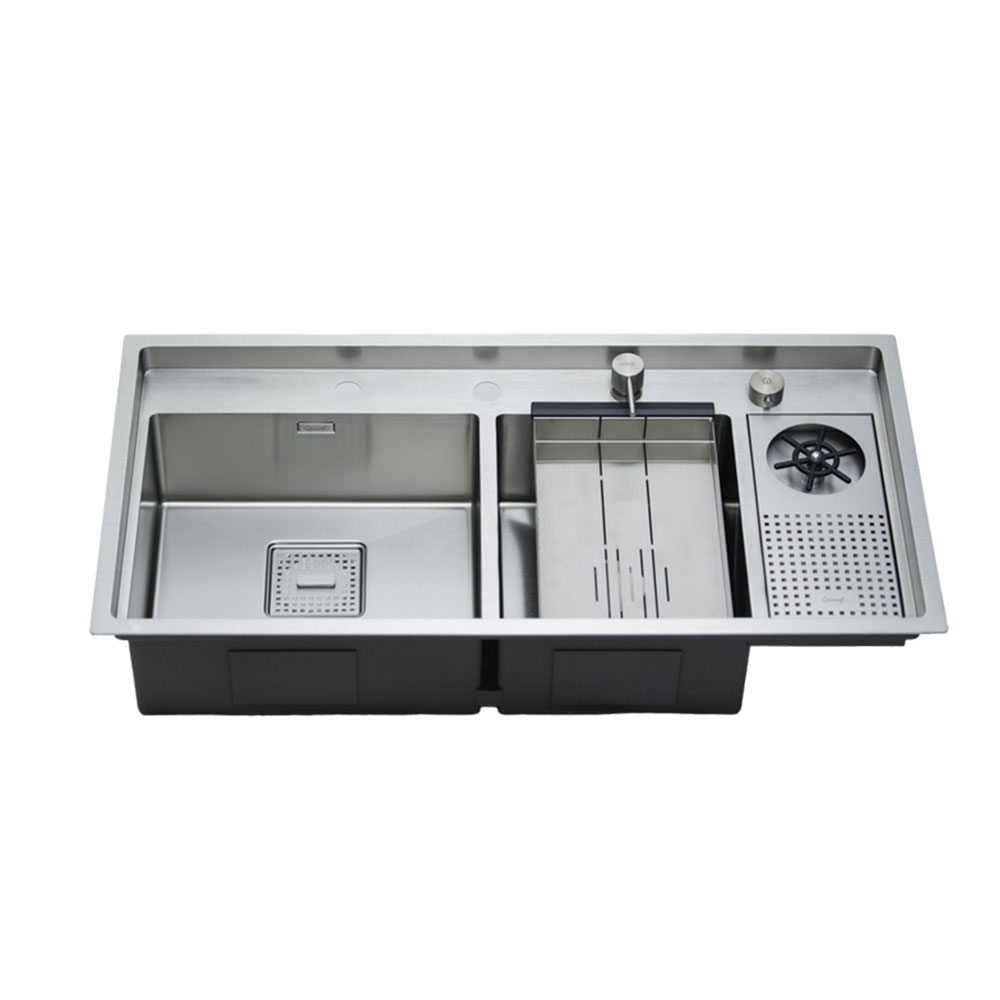 Crauf Lusso 1075 Mat Gri Tezgah Altı-Üstü-Sıfır 500x860mm Tek Gözlü El Yapımı Çöp Kovalı Bardak Yıkamalı All-in-One Akıllı Eviye