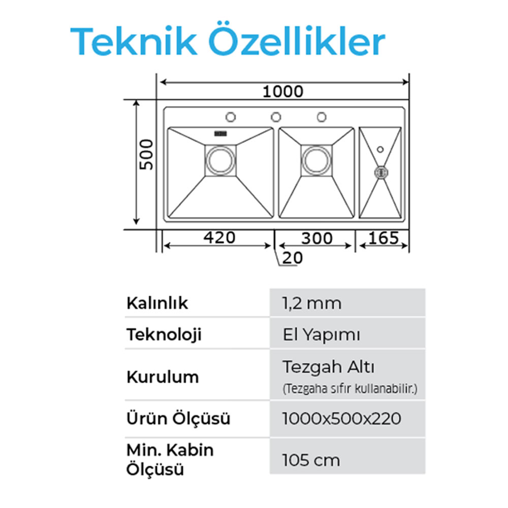 Crauf Lusso 1080 Pvd Altın Tezgah Üstü-Sıfır 500x1180mm Tek Gözlü El Yapımı Mega Workstation Bardak Yıkamalı Akıllı Eviye