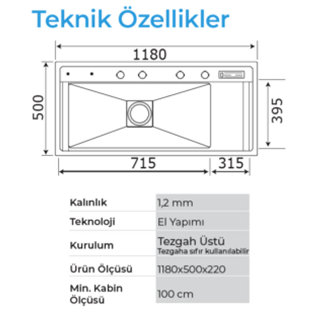 Crauf Lusso 1080 Pvd Bakır Tezgah Üstü-Sıfır 500x1180mm Tek Gözlü El Yapımı Mega Workstation Bardak Yıkamalı Akıllı Eviye