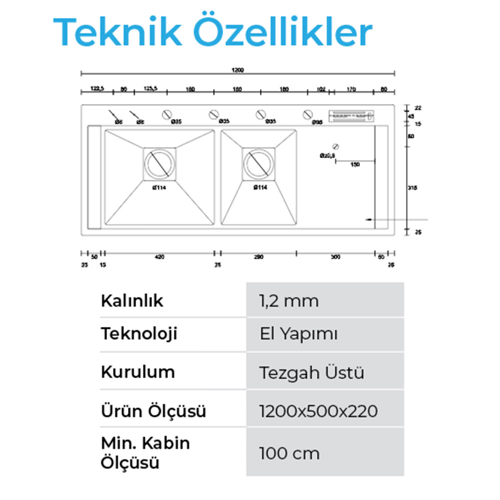 Crauf Lusso 1081 Pvd Altın Tezgah Üstü-Sıfır 500x1200mm Asimetrik Çift Gözlü El Yapımı Bardak Yıkamalı Workstation Eviye