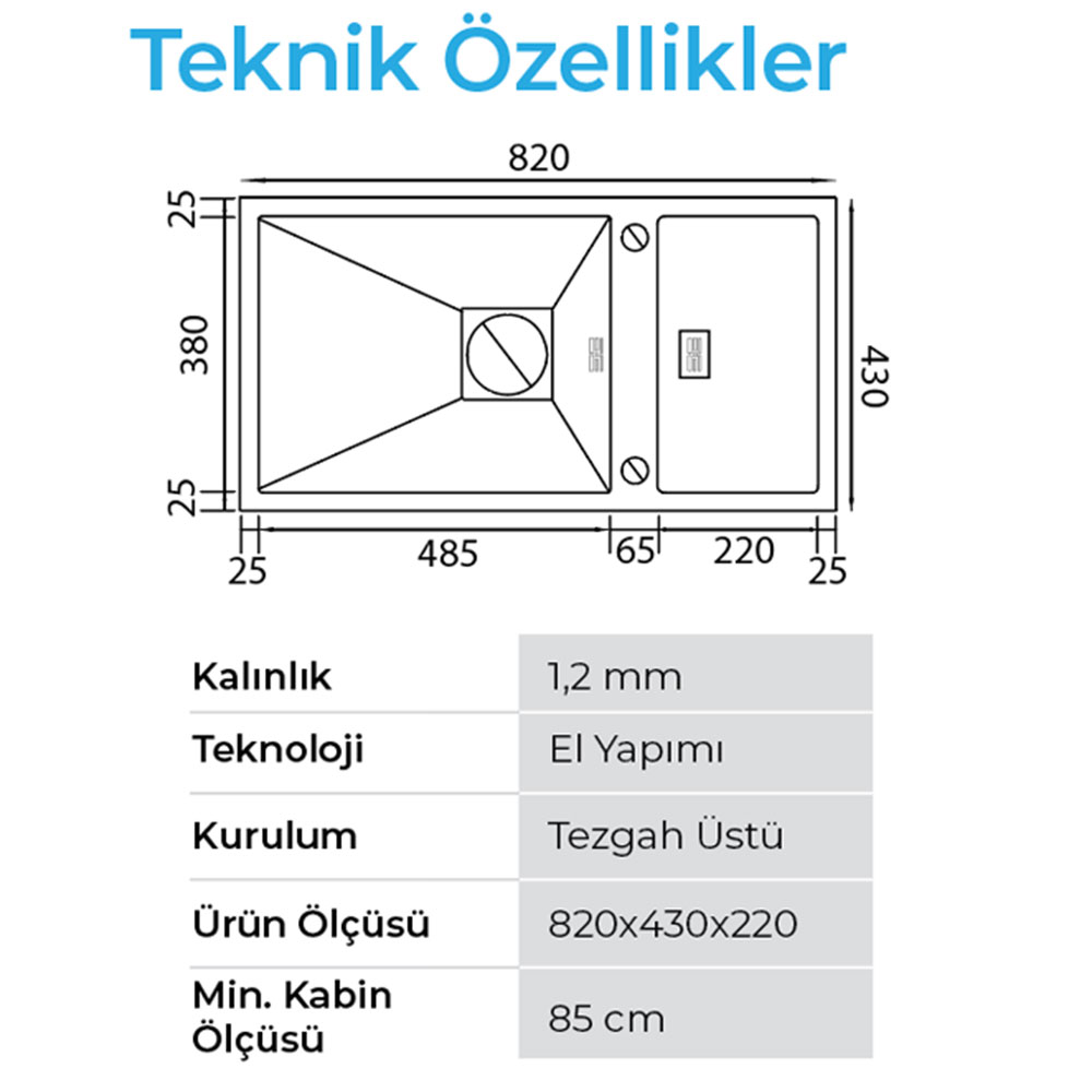 Crauf Lusso 1085 Pvd Altın Tezgah Üstü-Sıfır 430x820mm Tek Gözlü El Yapımı Aktif Kurutma Hazneli Eviye