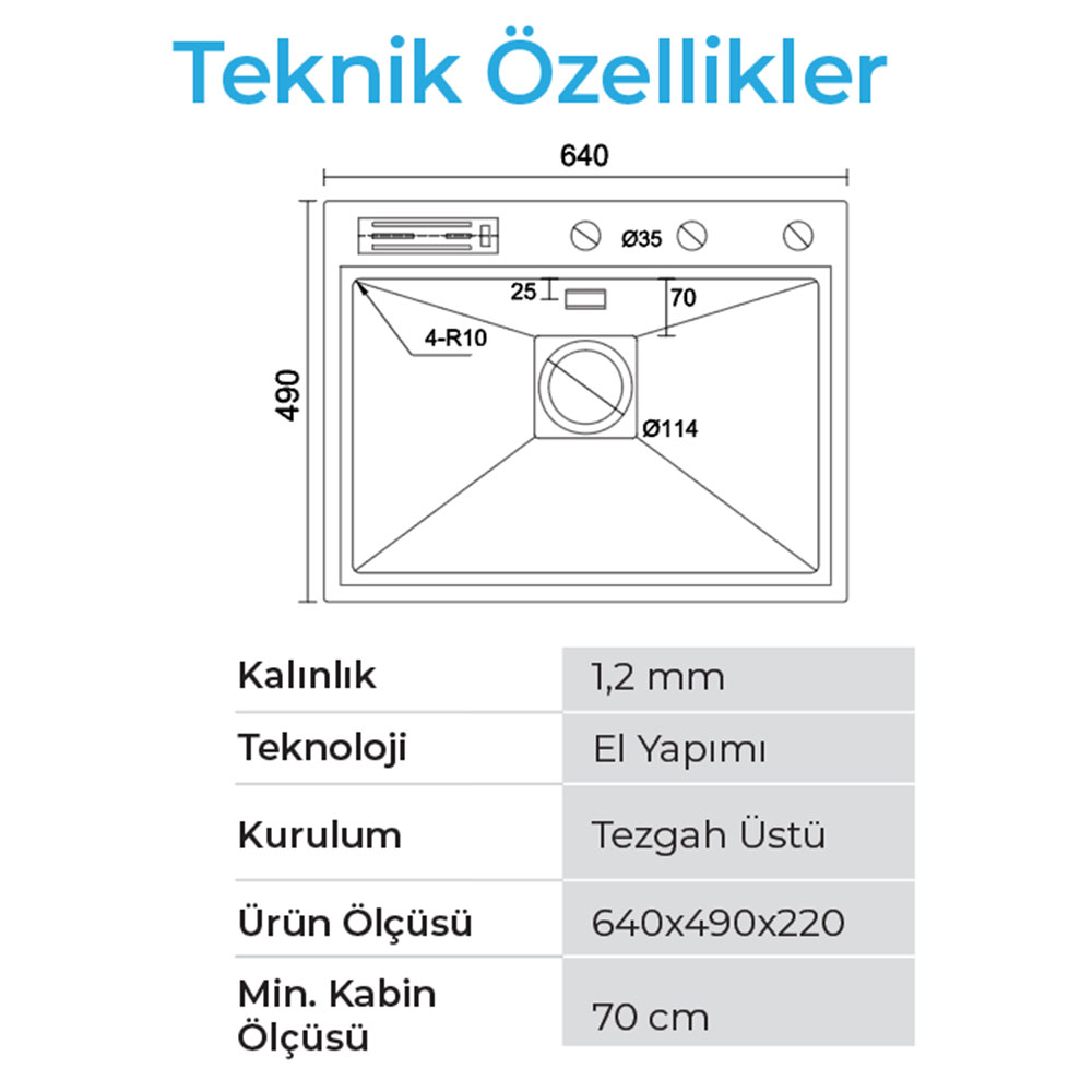 Crauf Lusso 6391 Mat Gri Tezgah Üstü-Sıfır 490x640mm Tek Gözlü El Yapımı Kapaklı Bıçaklı Akıllı Eviye