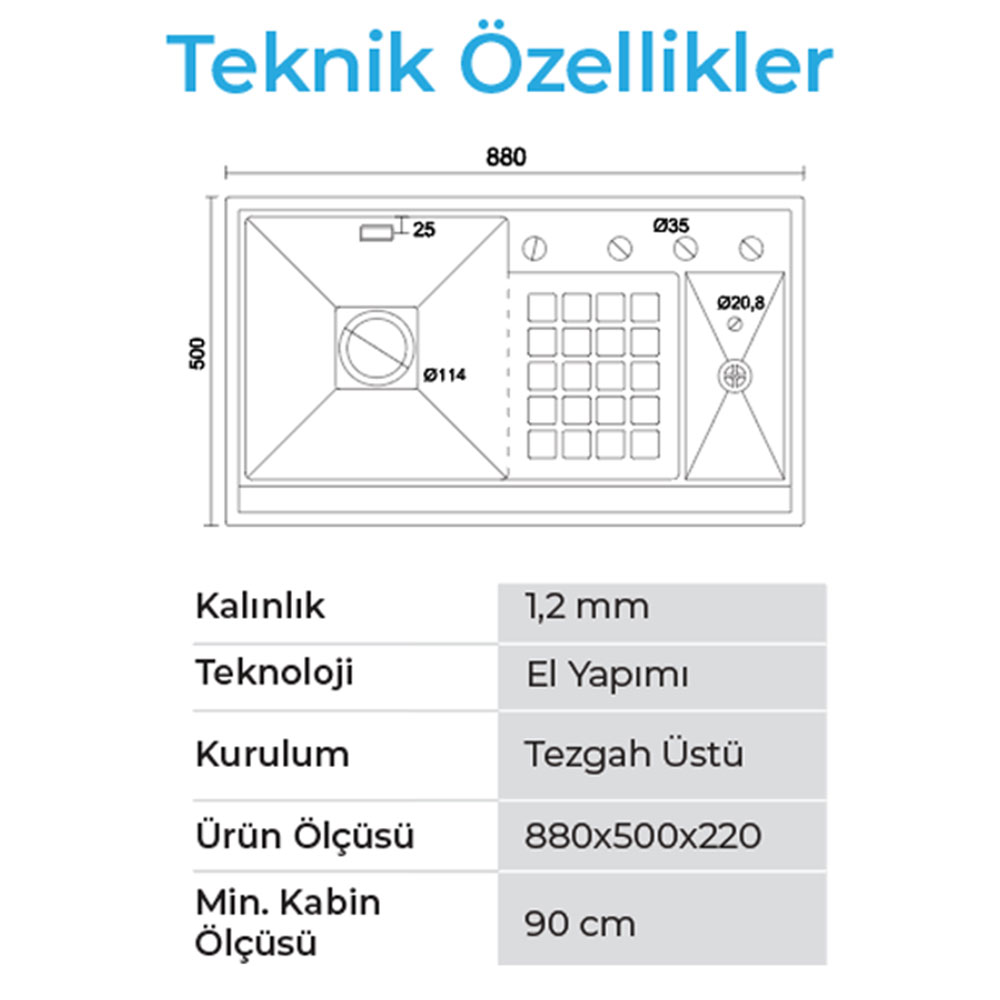 Crauf Lusso 6395 Inox Tezgah Üstü-Sıfır 500x880mm Tek Gözlü El Yapımı Hidrolik Asansörlü Batarya Uyumlu Flagship Eviye