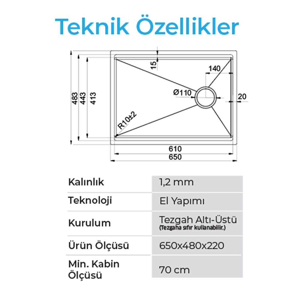 Crauf Vertice 4865 Pvd Bakır Tezgah Altı-Üstü-Sıfır 480x650mm Tek Gözlü El Yapımı Workstation Eviye