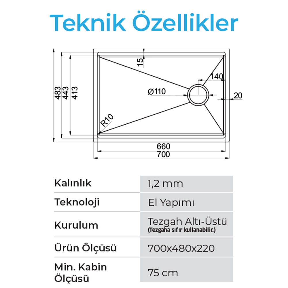 Crauf Vertice 4870 Pvd Füme Tezgah Altı-Üstü-Sıfır 480x700mm Tek Gözlü El Yapımı Workstation Çelik Eviye