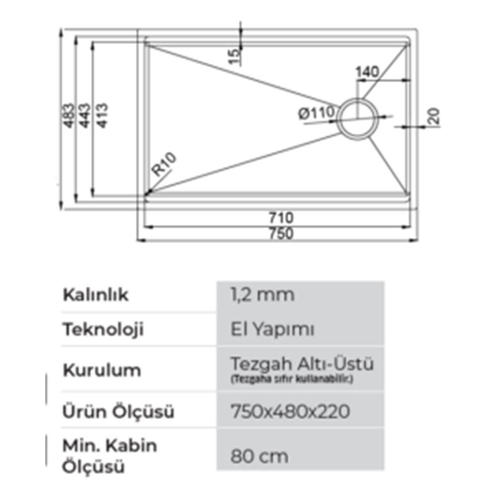 Crauf Vertice 4875 Pvd Bakır Tezgah Altı-Üstü-Sıfır 480x750mm Tek Gözlü El Yapımı Workstation Eviye
