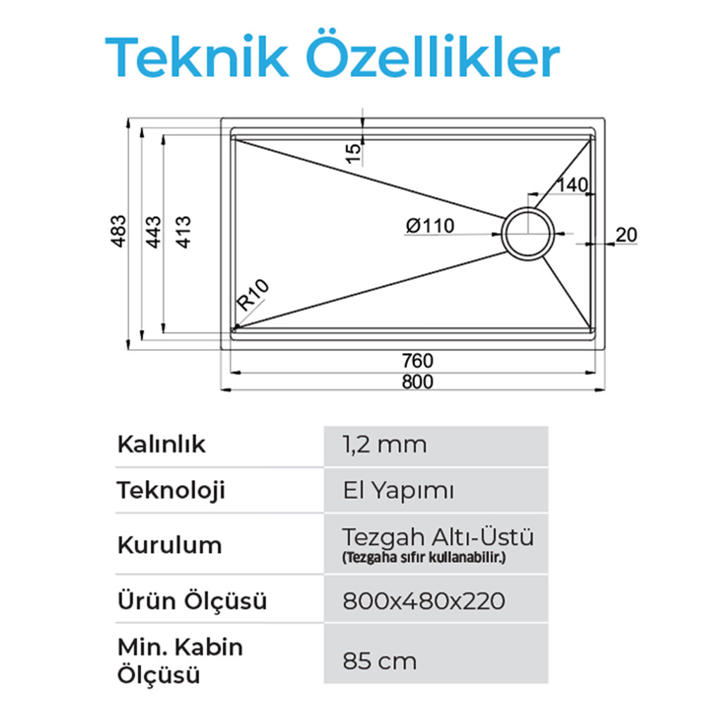 Crauf Vertice 4880 Pvd Bakır Tezgah Altı-Üstü-Sıfır 480x800mm Tek Gözlü El Yapımı Workstation Eviye