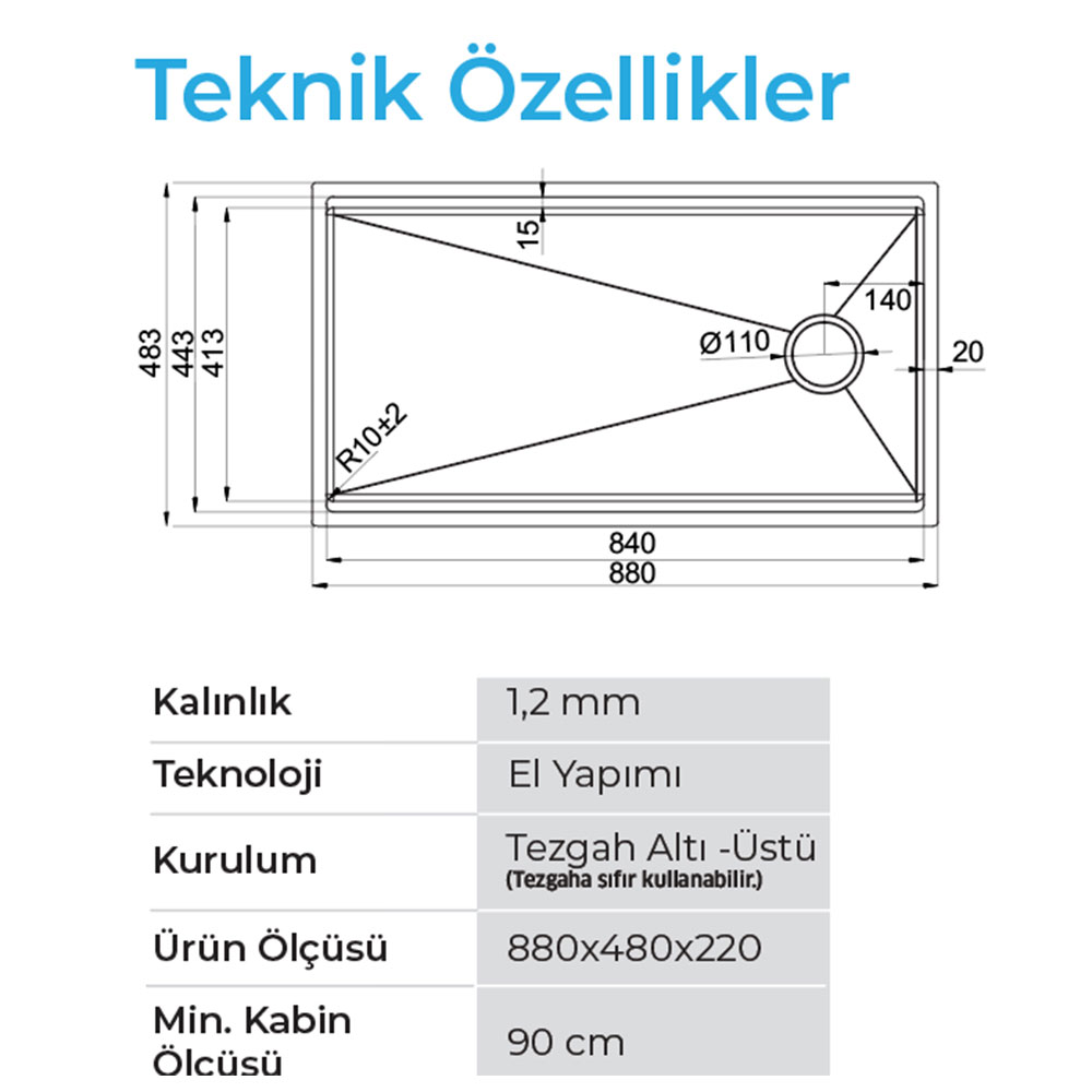 Crauf Vertice 4888 Pvd Füme Tezgah Altı-Üstü-Sıfır 480x880mm Tek Gözlü El Yapımı Workstation Eviye
