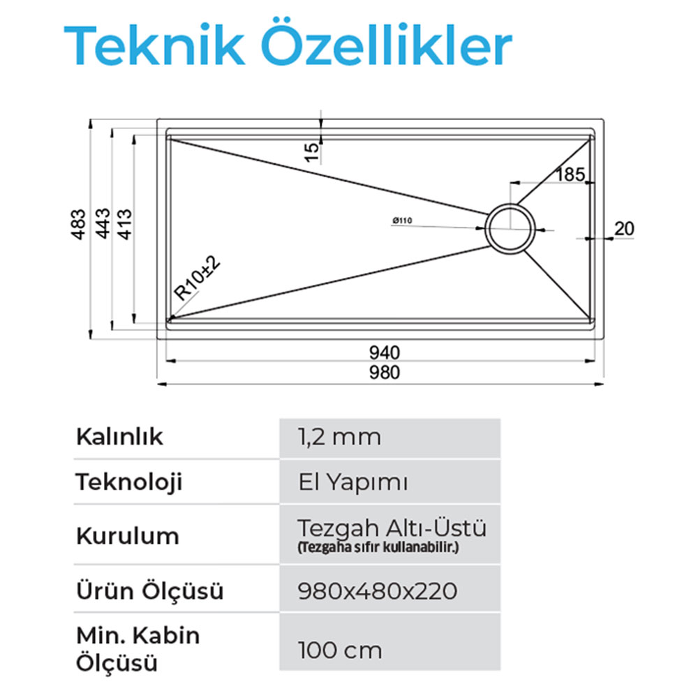 Crauf Vertice 4898 Pvd Füme Tezgah Altı-Üstü-Sıfır 480x980mm Tek Gözlü El Yapımı Workstation Eviye