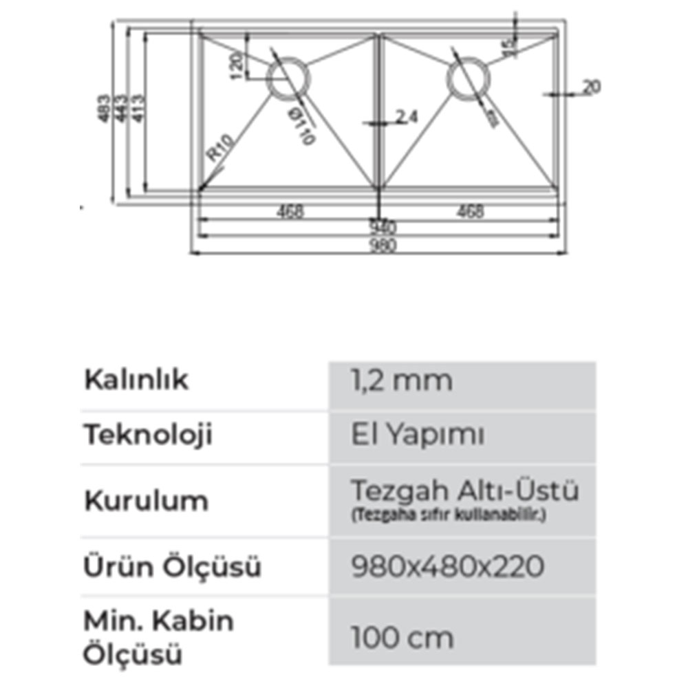 Crauf Vertice 4898A Mat Gri Tezgah Altı-Üstü-Sıfır 480x980mm Çift Gözlü El Yapımı Workstation Eviye
