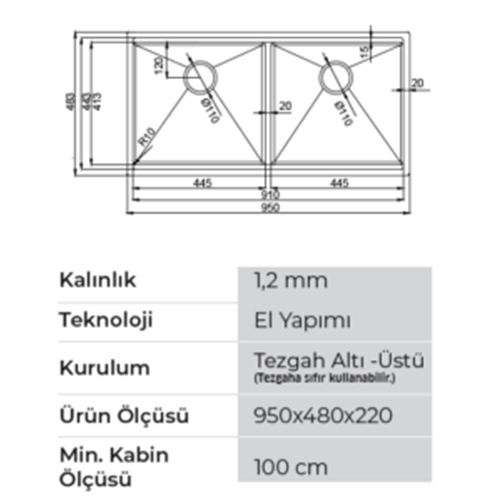 Crauf Vertice 4895 Pvd Altın Tezgah Altı-Üstü-Sıfır 480x950mm Çift Gözlü El Yapımı Workstation Eviye
