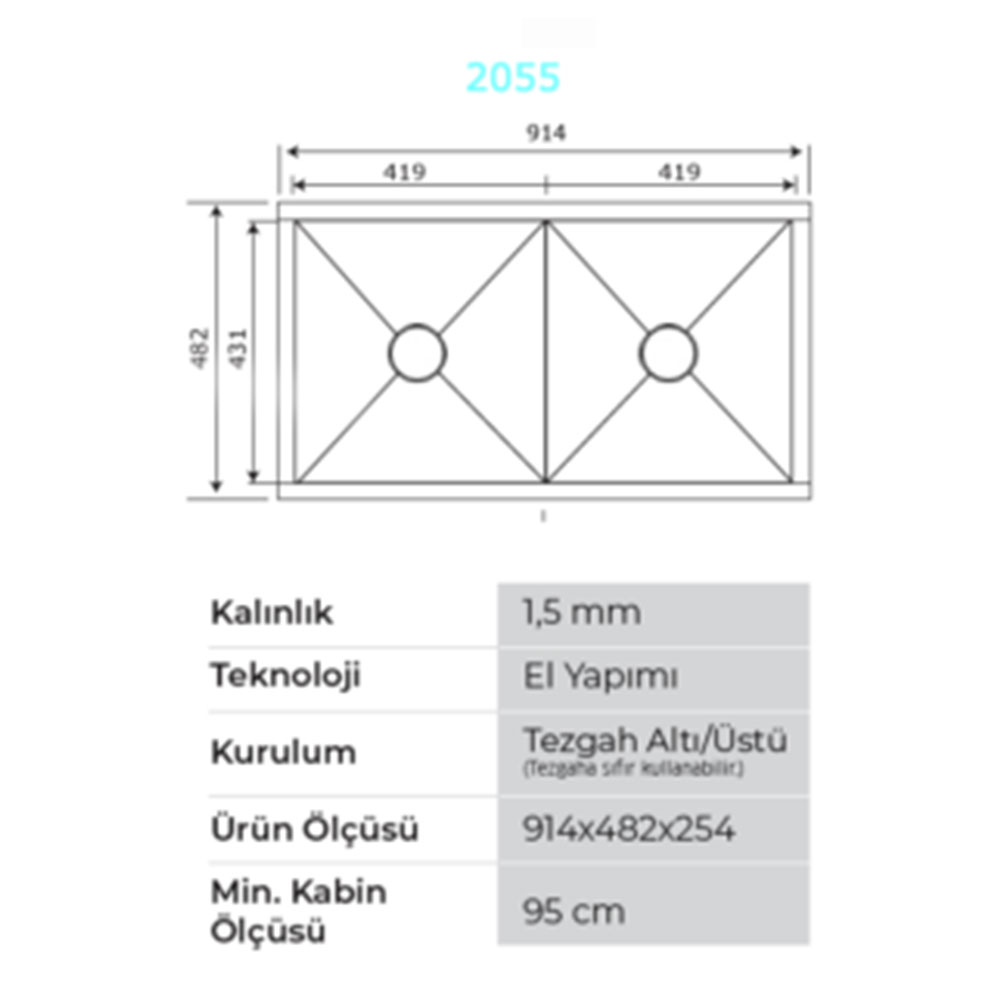 Crauf Vertice Plus 2055 Inox Tezgah Altı-Üstü-Sıfır 482x914mm Çift Gözlü El Yapımı Endüstriyel Workstation Eviye