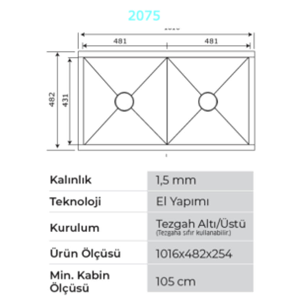 Crauf Vertice Plus 2075 Inox Tezgah Altı-Üstü-Sıfır 482x914mm Çift Gözlü El Yapımı Endüstriyel Workstation Eviye