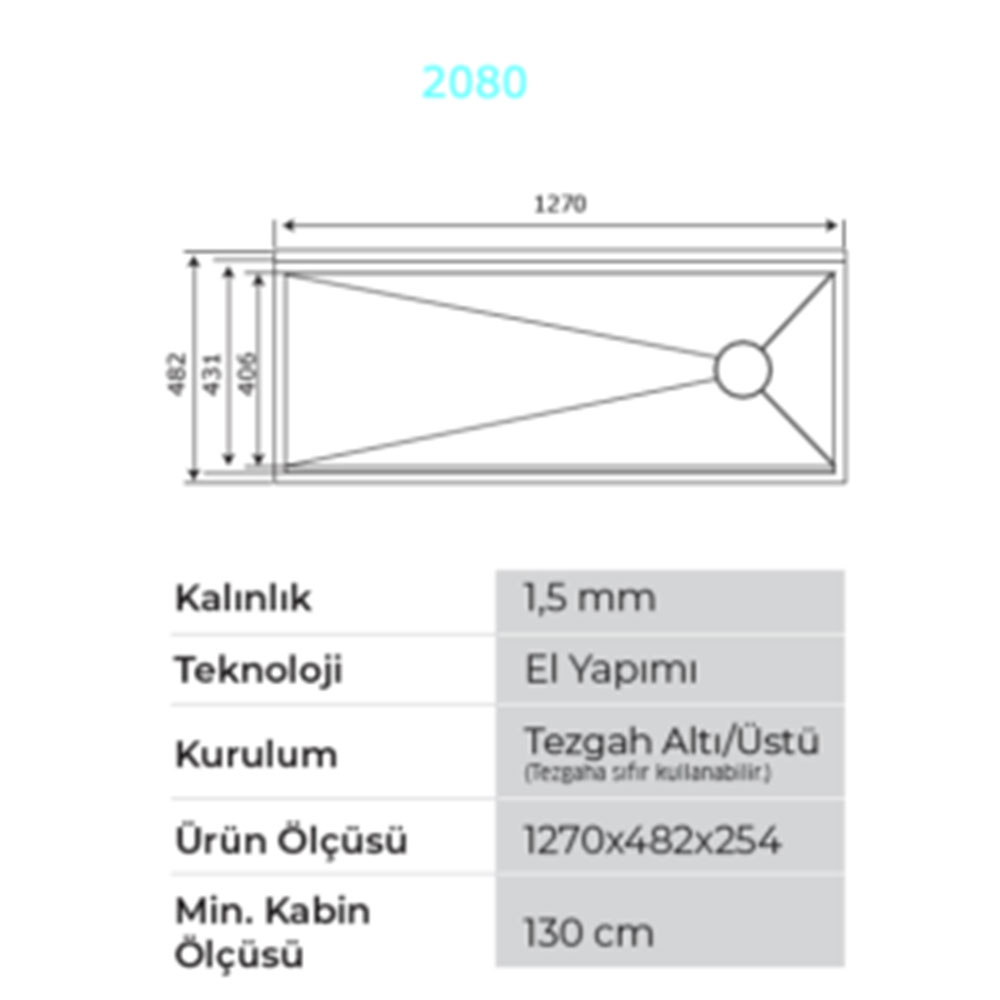 Crauf Vertice Plus 2080 Inox Tezgah Altı-Üstü-Sıfır 482x914mm Çift Gözlü El Yapımı Endüstriyel Workstation Eviye