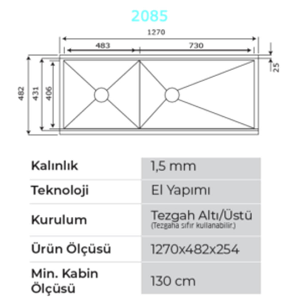 Crauf Vertice Plus 2085 Inox Tezgah Altı-Üstü-Sıfır 482x914mm Çift Gözlü El Yapımı Endüstriyel Workstation Eviye